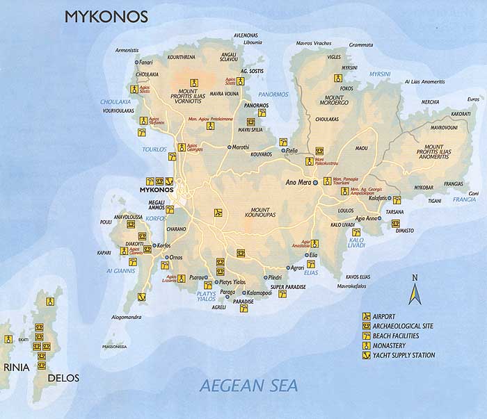 Map of Mykonos island in the Cyclades